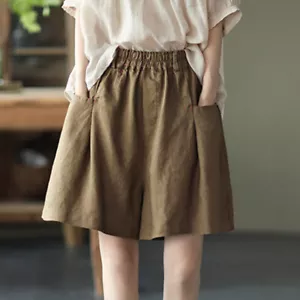2021 Women Linen Elastic Waist Loose Wide Leg Shorts Casual Solid Color Outdoor - Picture 1 of 20