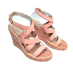 Joie Heels 8.5 Espadrille Wedge Pink Leather Ankle Strappy Sandal Open Rubber - Picture 1 of 10