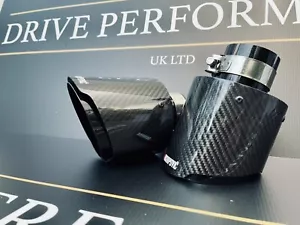 2 GLOSS BLACK CARBON FIBRE AKRAPOVIC EXHAUST TIPS 4.5” UNIVERSAL TAILPIPE - Picture 1 of 12