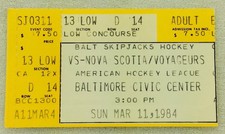 AHL 1984 03/11 Nova Scotia Voyageurs at Baltimore Skipjacks Hockey Ticket Stub