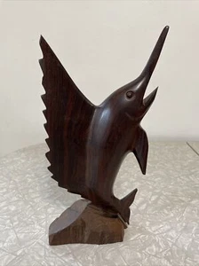 Wood Hand Carved Marlin Sailfish Swordfish Statue Figurine Decor. 12 Inch Tall. - Picture 1 of 10