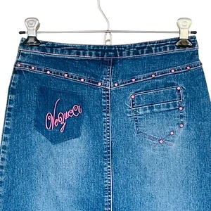 Vtg Y2K Vezucci Stretch Denim Skirt Girls Sz 12 Modest Logo Bling Cottagecore - Picture 1 of 5