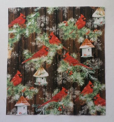 Cotton Fabric Cardinals Berries Fence  1 Piece 11 1/2" L x 10 3/8" W - Holidays - Image 1 of 3