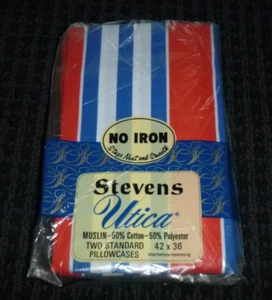 Fundas de almohada Stevens Utica Std súper rayas rojo azul 50/50 muselina NOS PR de colección años 70 - Imagen 1 de 5