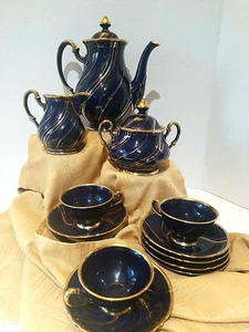 Richard Ginori 14 Pc. Tea Set colbolt blue and gold swirl pin stripe. EQUISIT! - Picture 1 of 12