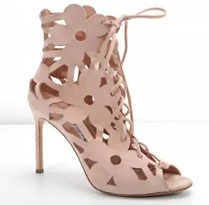 Zapatos de salón con cordones florales de gamuza MANOLO BLAHNIK rosa corte láser punta abierta 10/40 - Imagen 1 de 7