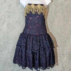 Vintage 80s Scott McClintock Navy Lace Purple Gold Trim Strapless Dress Size 5 - Bild 1 von 11