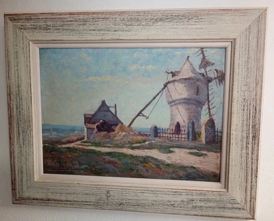 Tableau ancien impressionniste Moulin dans la lande. Bretagne par Coignard - Photo 1/4