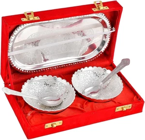 Bowl Spoon Tray Set Silver Plated Dry Fruits Dessert Serving Set Diwali  - Picture 1 of 11
