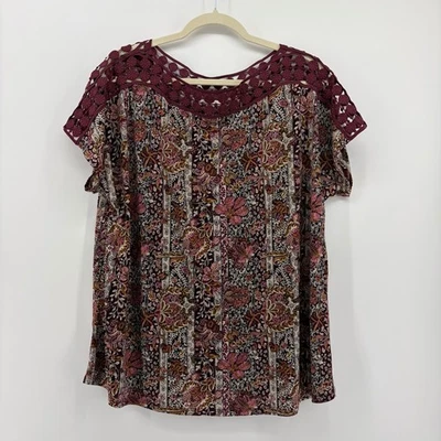 Top Cato 14/16W Talla Grande Borgoña Floral Crochet Encaje Manga Corta Foto 1 de 4