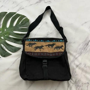 Vintage 90s Canvas Messenger Bag Western Wolves Country Print Black Tan - Bild 1 von 9