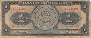 Mexico 1 Peso 8.9.1954 Series EU Prefix Y Circulated Banknote HJ 1 - Picture 1 of 2