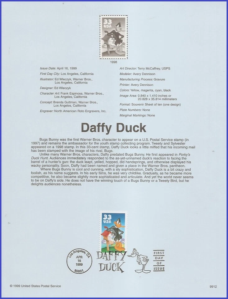 USA2 #3306a U/A SOUVENIR PAGE FDC   Daffy Duck s/a - Image 1 of 1