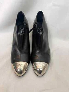 CHANEL 8.5 boots Black leather CC logo metal cap toe booties size 39.5 - Picture 1 of 10