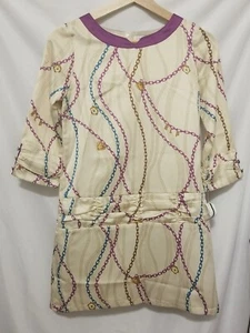 KC Parker Dress Sz 14 Girls Beige Plum Long Sleeve Chain Print Back Zipper - Picture 1 of 16