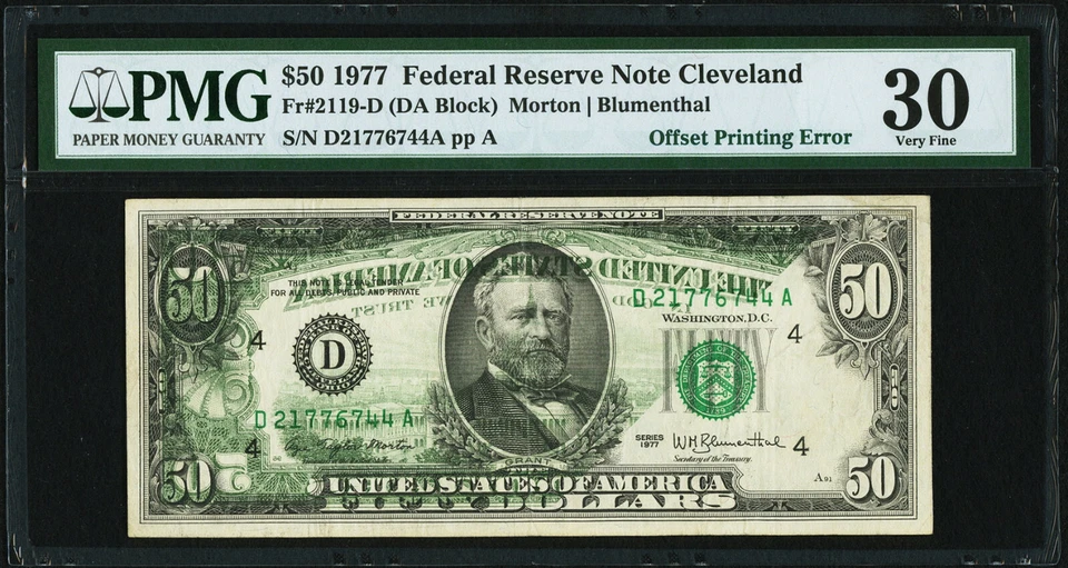 Partial Back to Front Offset Error Fr 2119-D $50 1977 Federal Reserve Note PMG30 - Image 1 of 2