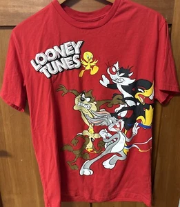 Y2K Vintage Looney Tunes AOP Red Graphic T-shirt Tweety Bugs Bunny Sylvester Taz - Picture 1 of 3