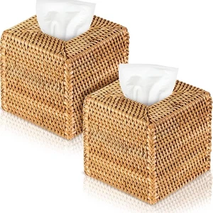 Kigley 2 Pcs Square Rattan Tissue Box Cover Boho Wicker Cube Wood - Picture 1 of 7