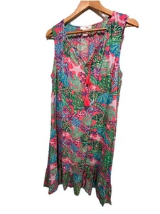 Stella Parker Midi Dress L Pullover Pink Blue Green Tropical Print Tassels - Picture 1 of 9
