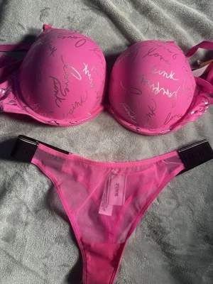 Victoria’s  Secret “PINK BRAND”  34C Super Push-Up Bra Small Thong Radiant  Rose - Image 1 of 4