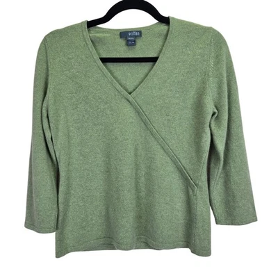 Griffen Cashmere Petite Sweater Medium PM Green 3/4 Sleeve Cozy Preppy V-Neck - Image 1 of 4