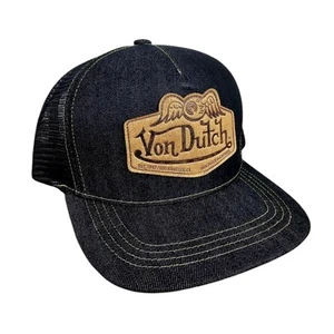Von Dutch Snapback Mesh Back Trucker Hat Blue Denim Leather Patch Big Logo - Picture 1 of 7