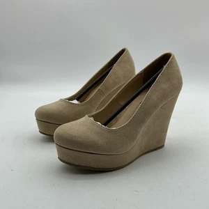 SODA Tan Suede Round Toe Platform Wedge High Heel Shoes Size 6 - Picture 1 of 8