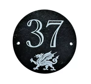 Engraved Round Slate House Number Door Plaque Sign Welsh Dragon Wales Gift - Picture 1 of 1