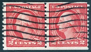 US Sc 455 Carmine 2¢ 1914 p.10 SLWmk Rotary Coil Pair Black Wavey Line Cancel - Picture 1 of 1
