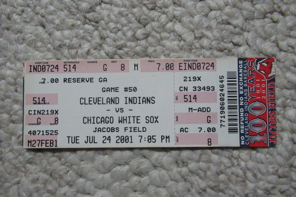 Boleto completo Cleveland Indians vs Chicago White Sox 24/07/2001 ~ Ray Durham HR Foto 1 de 1