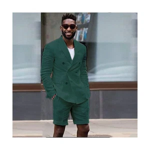Green Men Linen Suits Tuxedo Double Breasted Summer Beach Casual Blazer Shorts - Picture 1 of 9