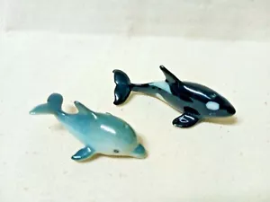 2 Miniature Ceramic Figurine Sea Fish Dolphin Killer Whale Home Decor Blue Black - Picture 1 of 10
