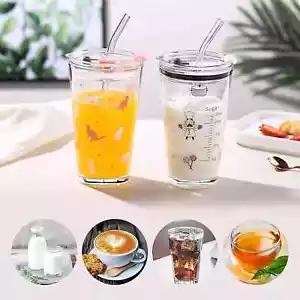 3 x 450ml Glas Tasse mit Deckel Strohhalm Kaffeebecher Tee Saft Tasse Wasserbecher SORTIERT - Bild 1 von 5