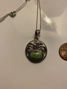 Sterling Silver Oval With Torquoise Pendant -/With Chain - Picture 1 of 5