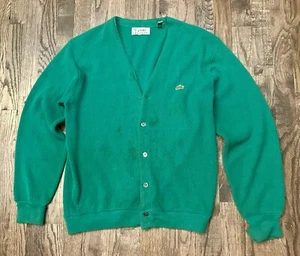 Cardigan vintage Izod Lacoste uomo L verde bottoni davanti maglione acrilico ~ macchie - Foto 1 di 8