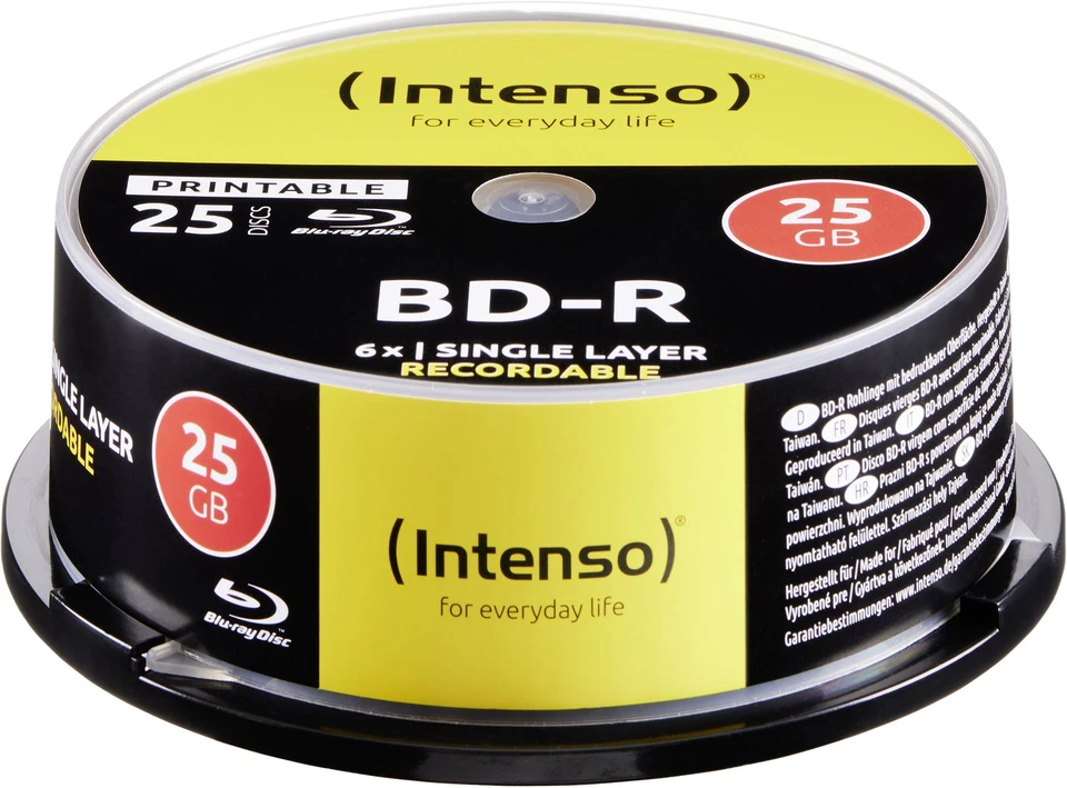 100 Intenso Rohlinge Blu-ray BD-R full printable 25GB 6x Spindel - Bild 1 von 1