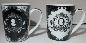 Set of 2 PPD Black & White Cameo Design Porcelain Tea Cups 9 FL OZ Coffee Mugs - Picture 1 of 14