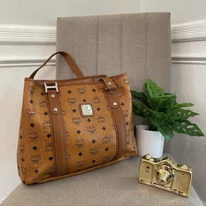 MCM Designer Brown Visetos Cognac Tote Bag Coated Canvas Shoulder  Vtg Y2K - Picture 1 of 15