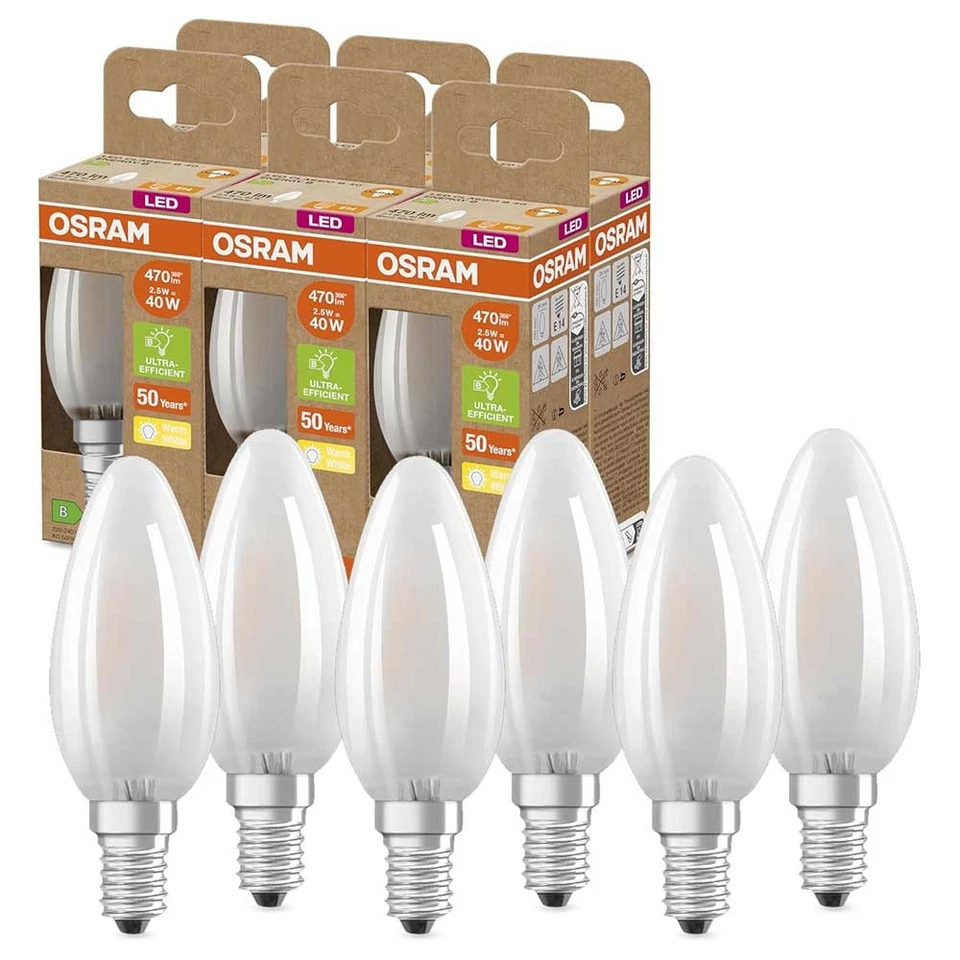6 x Osram LED Filament Kerze 2,5W = 40W E14 matt warmweiß 2700K ultra effizient - Bild 1 von 3