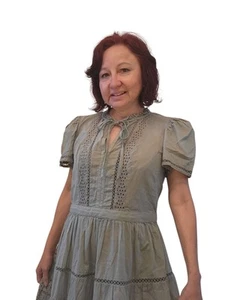 Gap Dress Med Sage Green Cotton  Bohemian Chic Cottagecore Romantic Peasant - Picture 1 of 14