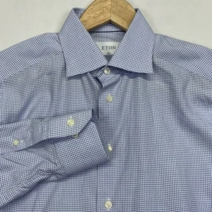 Eton Button Shirt Mens 38 15 Small Blue Check Slim Fit Dress Office Casual - Picture 1 of 13