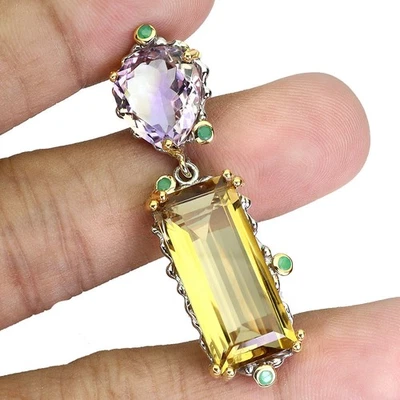 Colgante de plata de ley 925 octágono citrino 25 quilates esmeralda hecho a mano piedras preciosas raro Foto 1 de 4