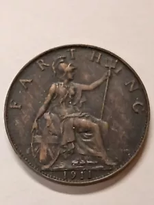 1911 Great Britain Bronze Farthing Very Nice Detail - Picture 1 of 2