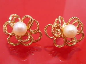 Flower Earrings 14k Yellow Solid Gold Pearls 4.5 Grams Estate Vintage - Picture 1 of 9
