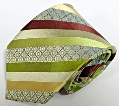 Steve Harvey Collection Men's Tie Striped Lime Green Brown Silk Necktie 59-1/2"L - Image 1 of 4