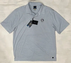 NWT MEN'S GREG NORMAN POLO GOLF  SHIRT BLUE LIGHT BLUE WHITE STRIPED CLUB LOGO L - Picture 1 of 9