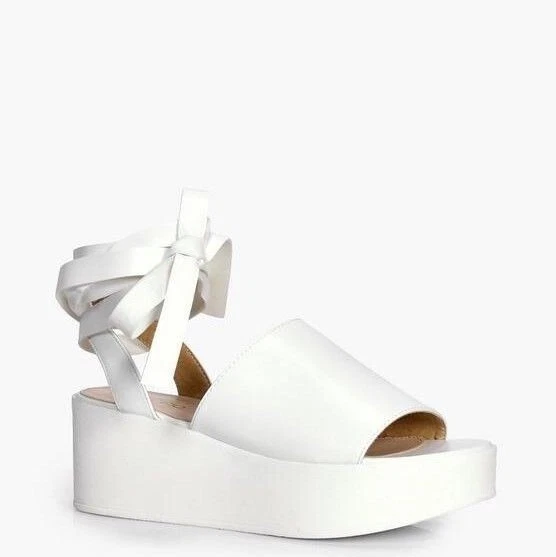 NEW NIB Boohoo Women's Annabelle White Vegan Leather Wrap Over Wedge $56 - Image 1 of 3