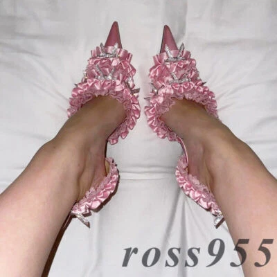 Sandalias de tacón alto con lazo de diamantes de imitación verano satinado encaje trasero hueco para mujer Foto 1 de 4