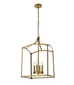Chandelier 4 Light Fixture Brass Lantern Pendant Farmhouse Kitchen Dining Room - Picture 1 of 8