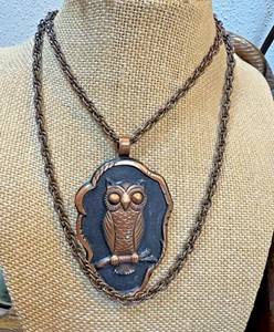 Vintage Navajo Bell Trading Post Large Solid Copper Owl Medallion Necklace MCM - Picture 1 of 8